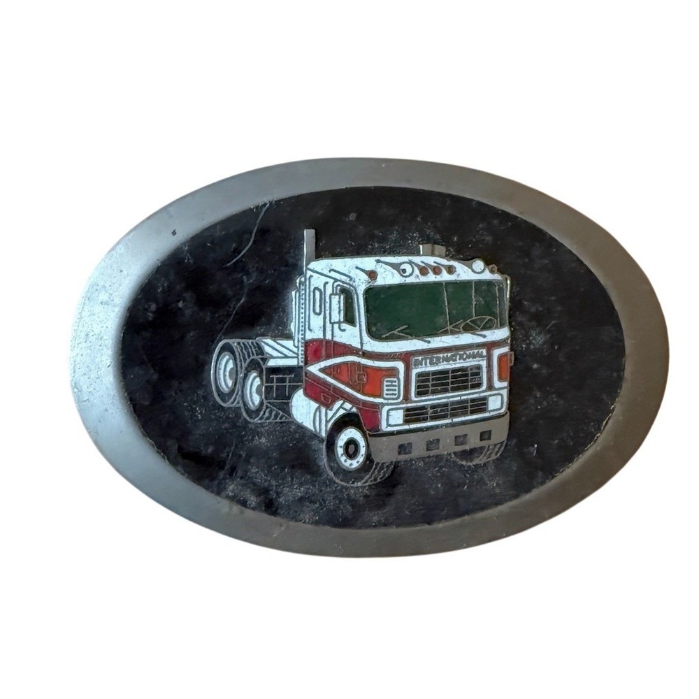 Peterbilt Vintage Cab-Over Semi Truck Oval Enamel Belt Buckle Black vintage rare